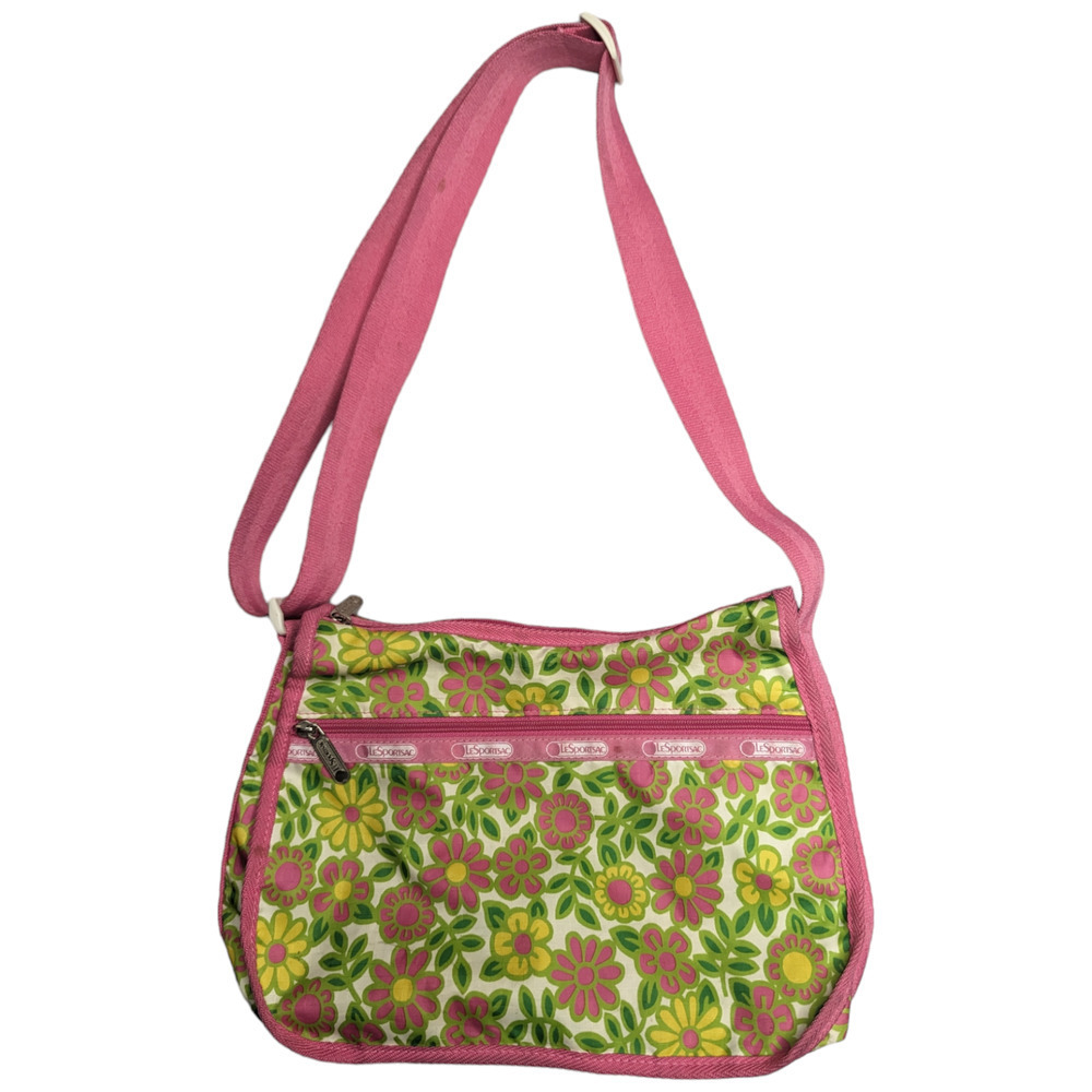 LeSportsac Pink Green Retro 60s Mod Floral Nylon Crossbody Bag with Pouc…​
